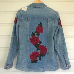 Arizona Jean Company Blue Jean Jacket with Red Rose Embroidery